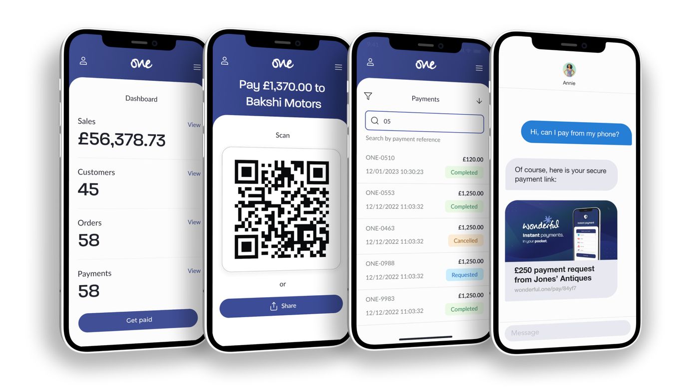 Four mobile devices showing Wonderful's commercial Open Banking payments app. 