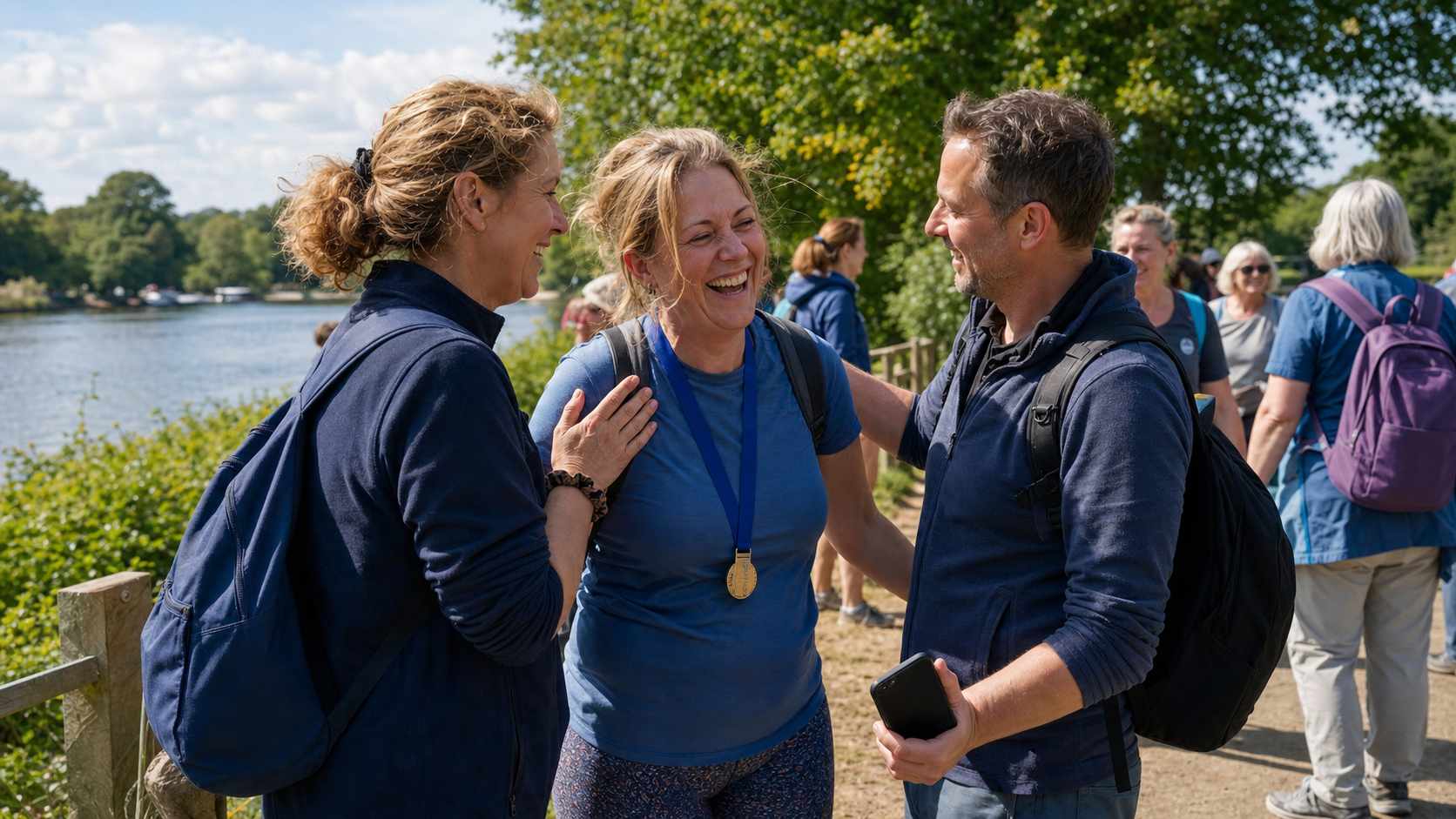 A sponsored walker being warmly congratulated by two supporters beside a sunny riverside path.
