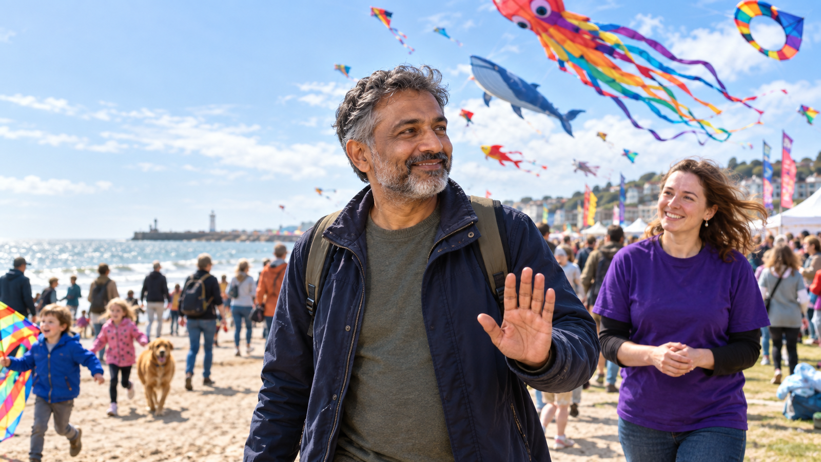 A donor calmly pauses a fundraising conversation at a colourful seaside kite festival.